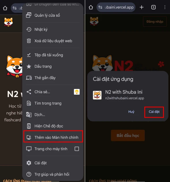 Menu Chrome và hộp xác nhận Cài đặt ứng dụng trên Android