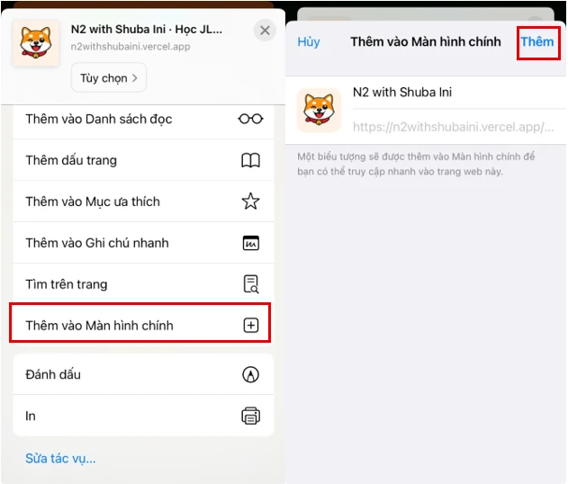 Tùy chọn Thêm vào Màn hình chính và nút Thêm trên iPhone